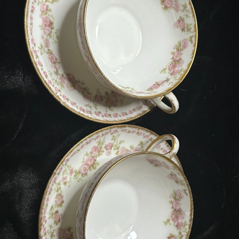 Antique Limoges GDA France Pink Rose/ mum swag Gilt Broth Cup+Saucer set of 2